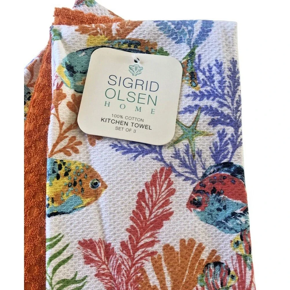 Sigrid Olsen Kitchen Dish Towels Tropical Fish Summer Beach House Home Set of 3